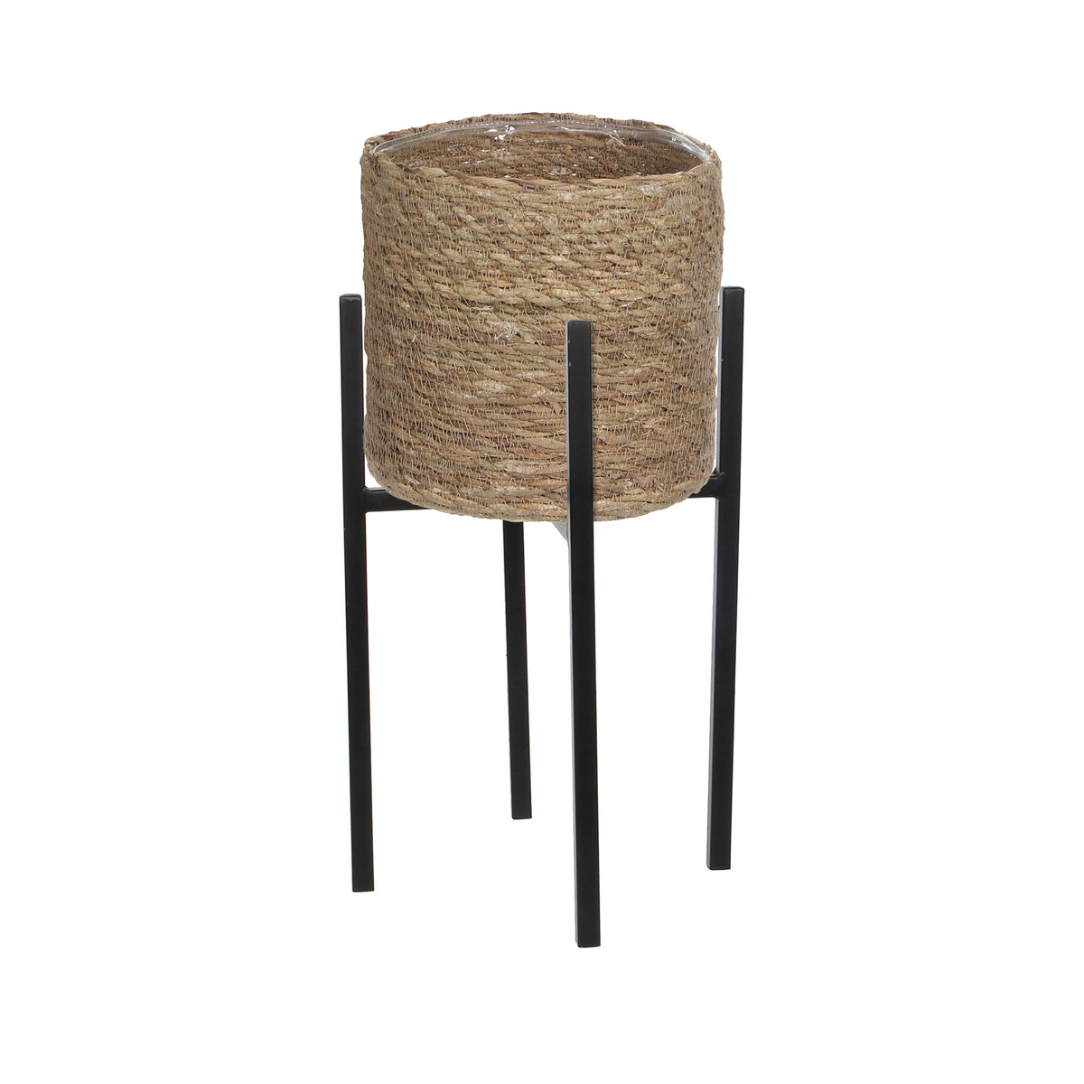 Mica flower pot Atlantic zeegras round brown with plant stand, black - Indoor pot