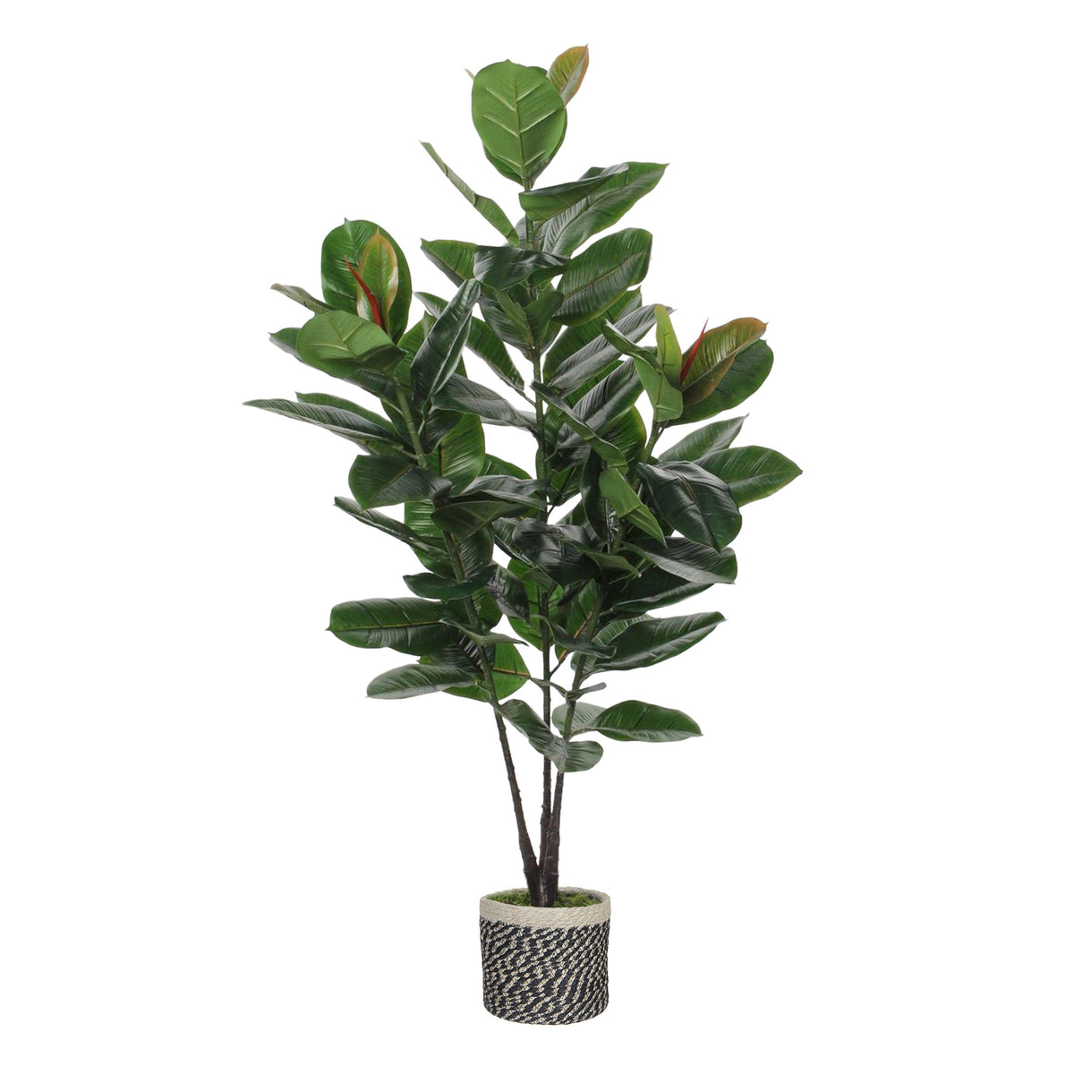 Artificial green rubber plant incl. black basket
