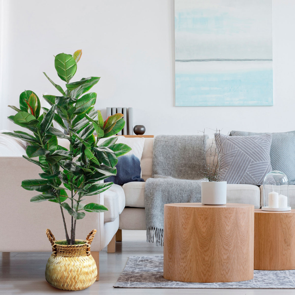 Artificial green rubber plant incl. brown basket