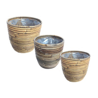 3x Striped rattan flower pot round grey - Indoor and outdoor pot