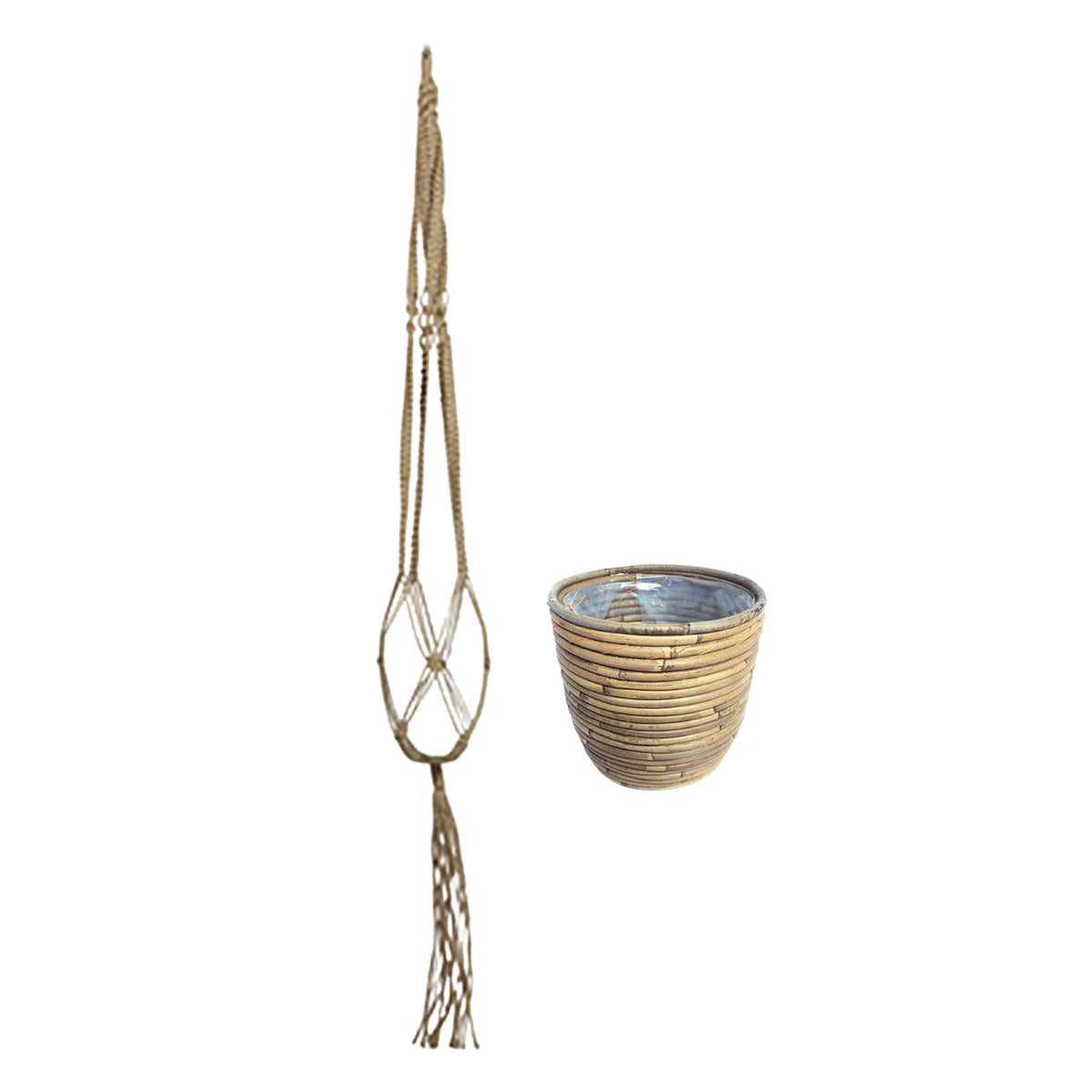 Rotan pot Macrame 'Ballon Stripe' brown with plant hanger