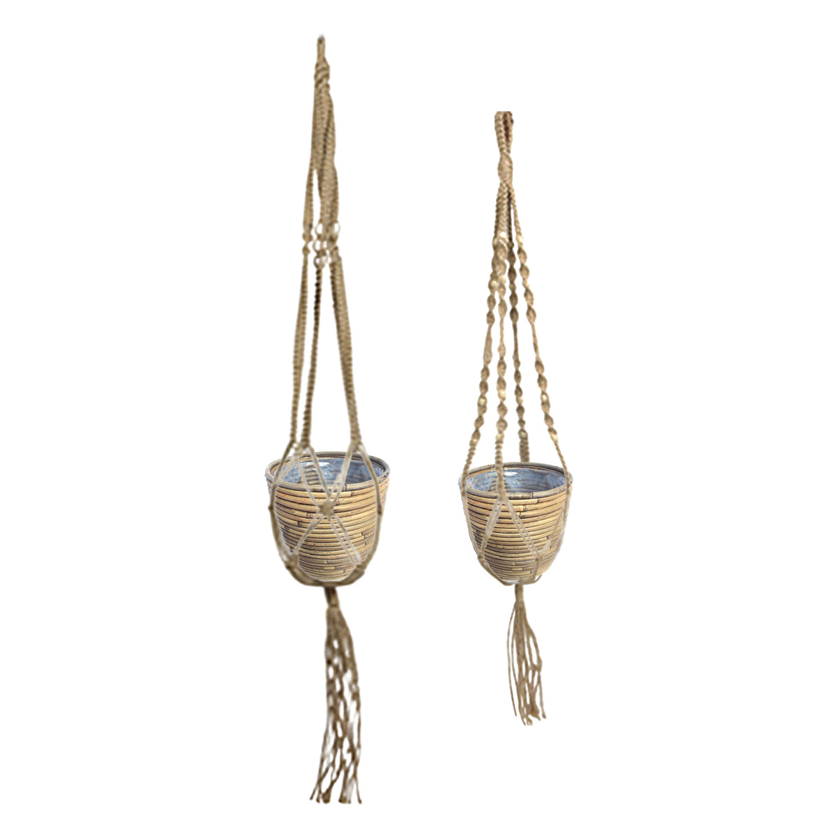 2x Decorative pot rattan Macrame 'Ballon Stripe' natural with plant hanger