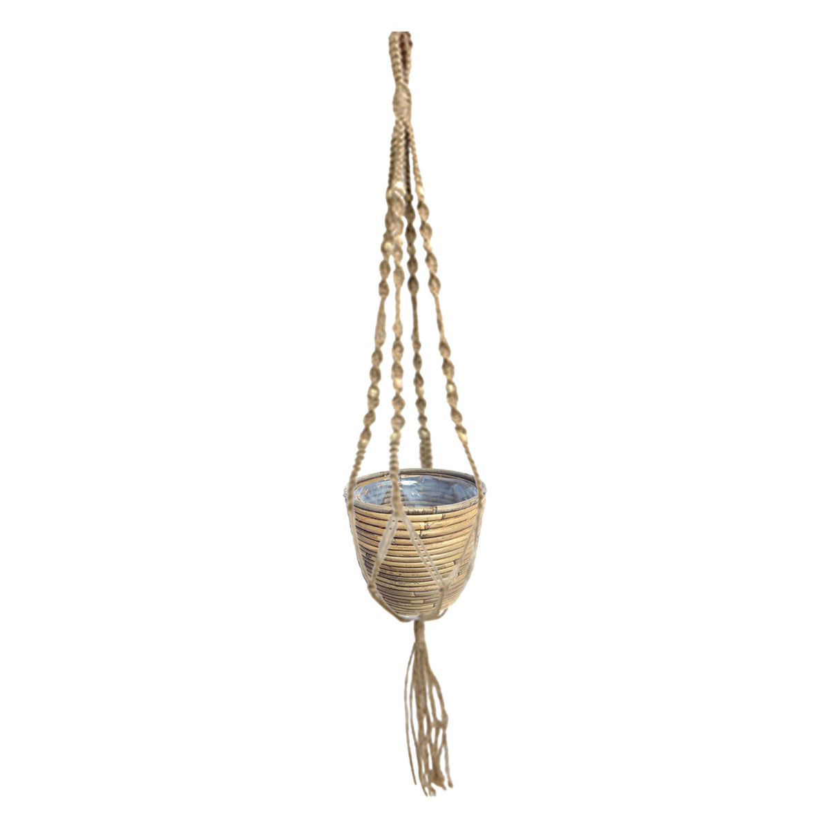 Rattan Decorative pot Macrame 'Ballon Stripe' grey with plant hangers