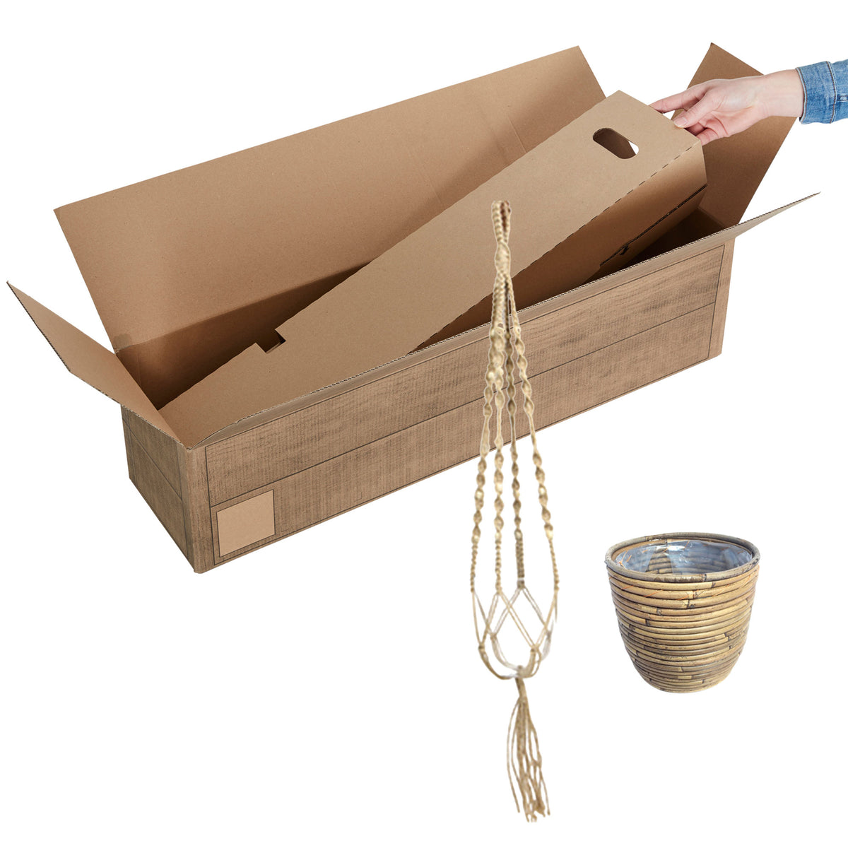 Rattan Decorative pot Macrame 'Ballon Stripe' grey with plant hangers