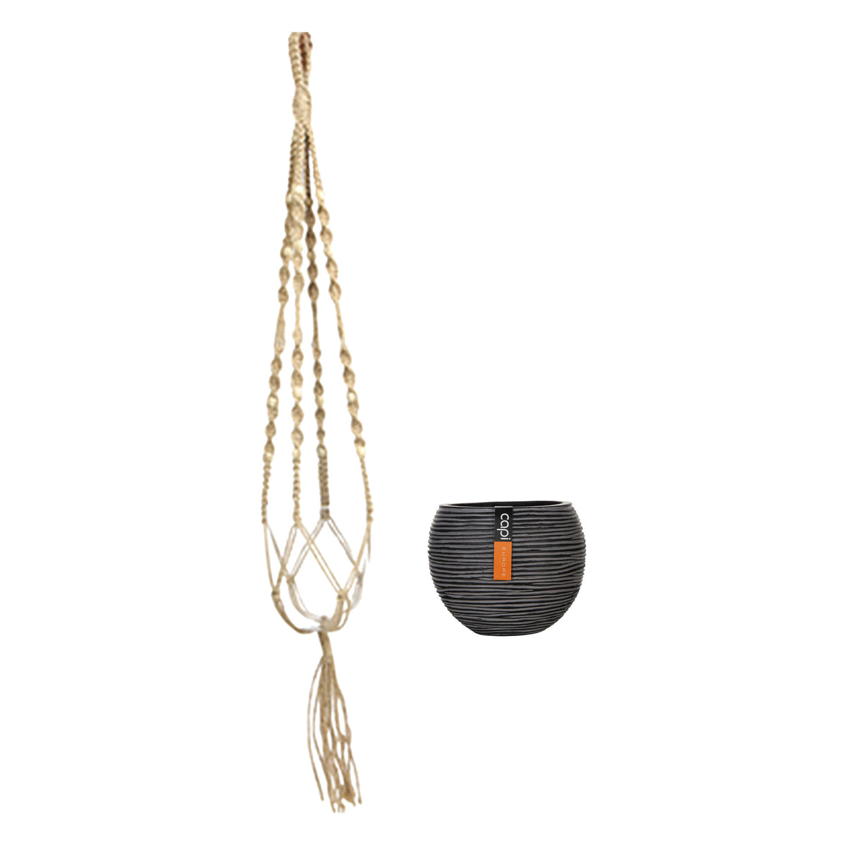 Capi Decorative pot Macrame 'Nature Rib' black with plant hanger