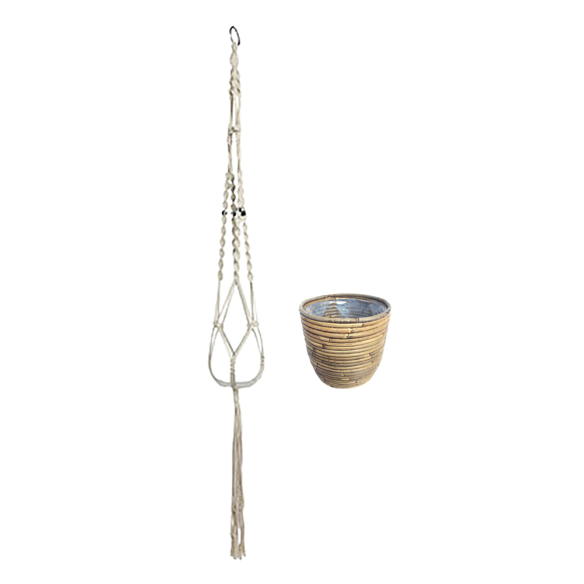 Rattan decorative pot Macrame 'Ballon Stripe' brown with plant hanger