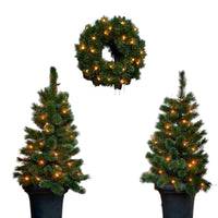 Black Box 2x artificial frosted Christmas tree + 1x Christmas wreath 'Glendon' incl. LED lighting