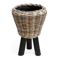 Rattan dry pot on legs round grey - Indoor and outdoor pot