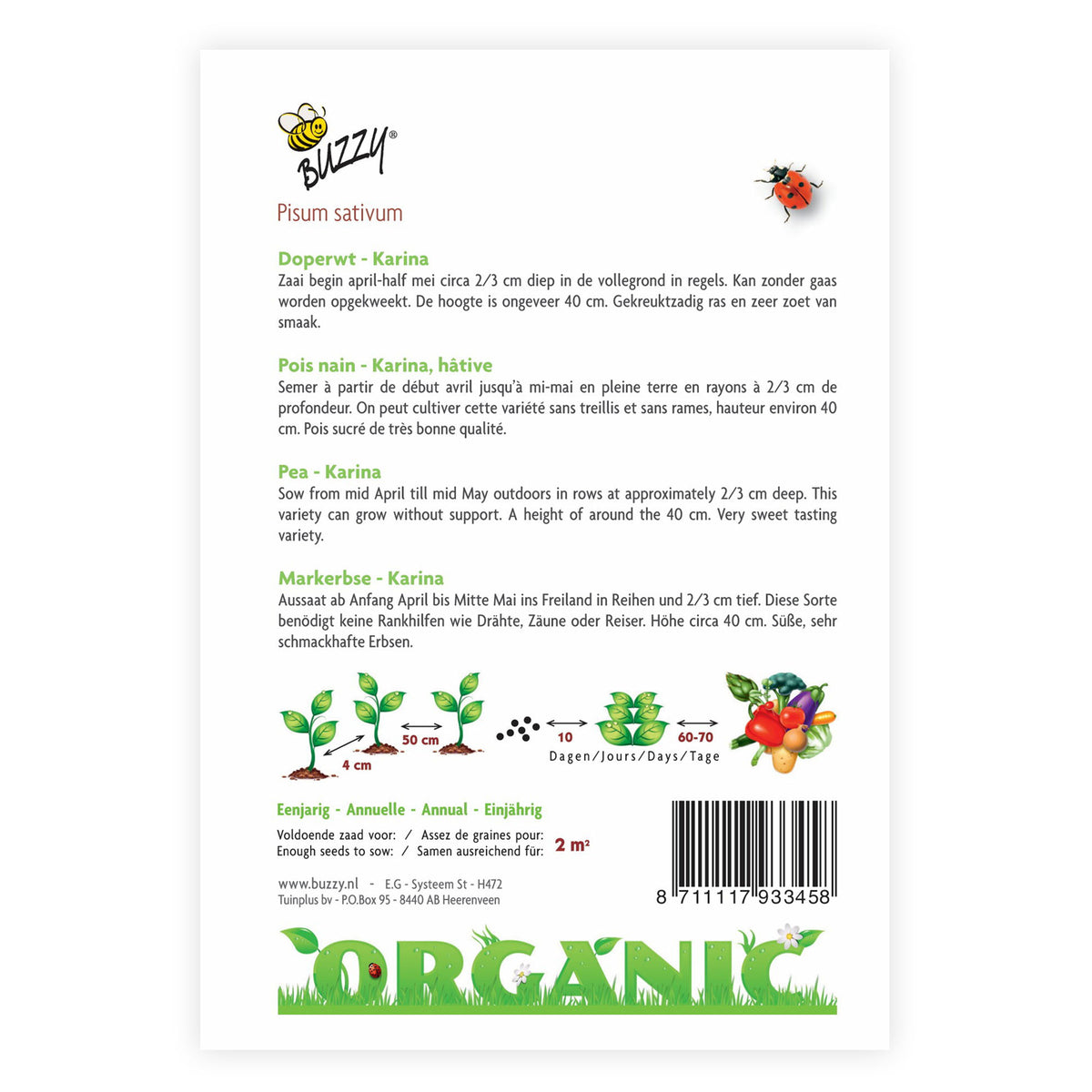 Green pea Pisum 'Karina' - Organic 2 m² - Vegetable seeds