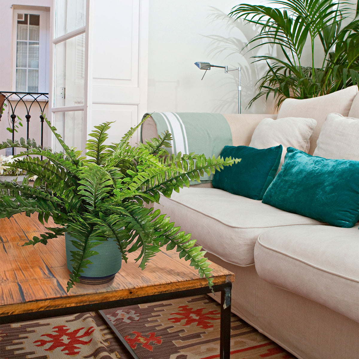 'Boston' artificial fern incl. decorative blue pot