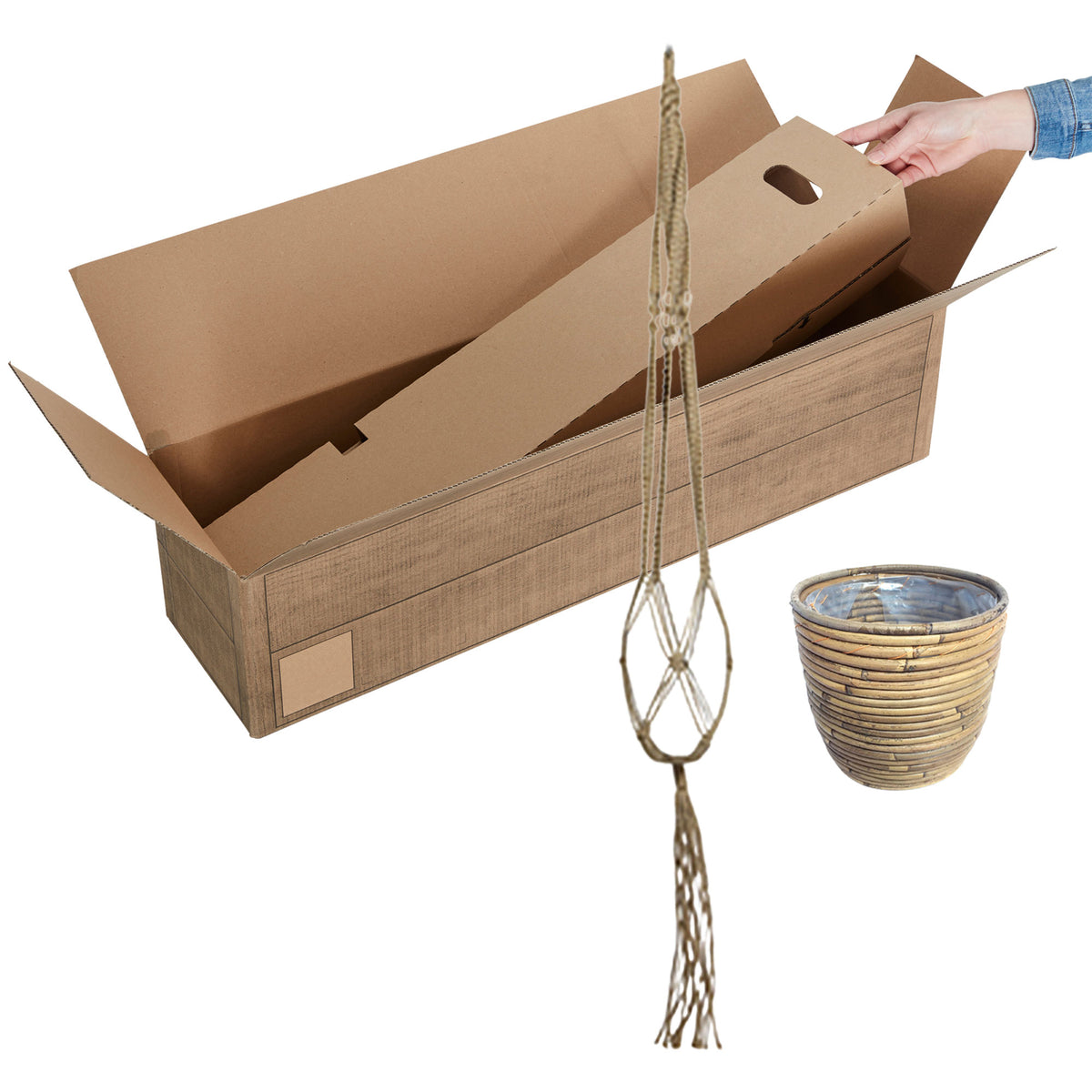 Rotan pot Macrame 'Ballon Stripe' brown with plant hanger