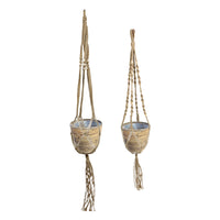 2x Decorative pot rattan Macrame 'Ballon Stripe' natural with plant hanger