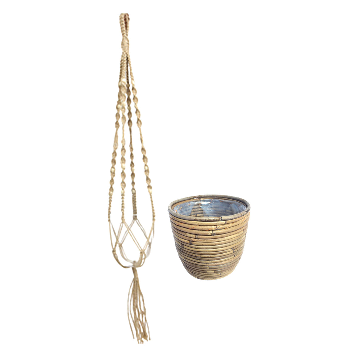Rattan Decorative pot Macrame 'Ballon Stripe' grey with plant hangers