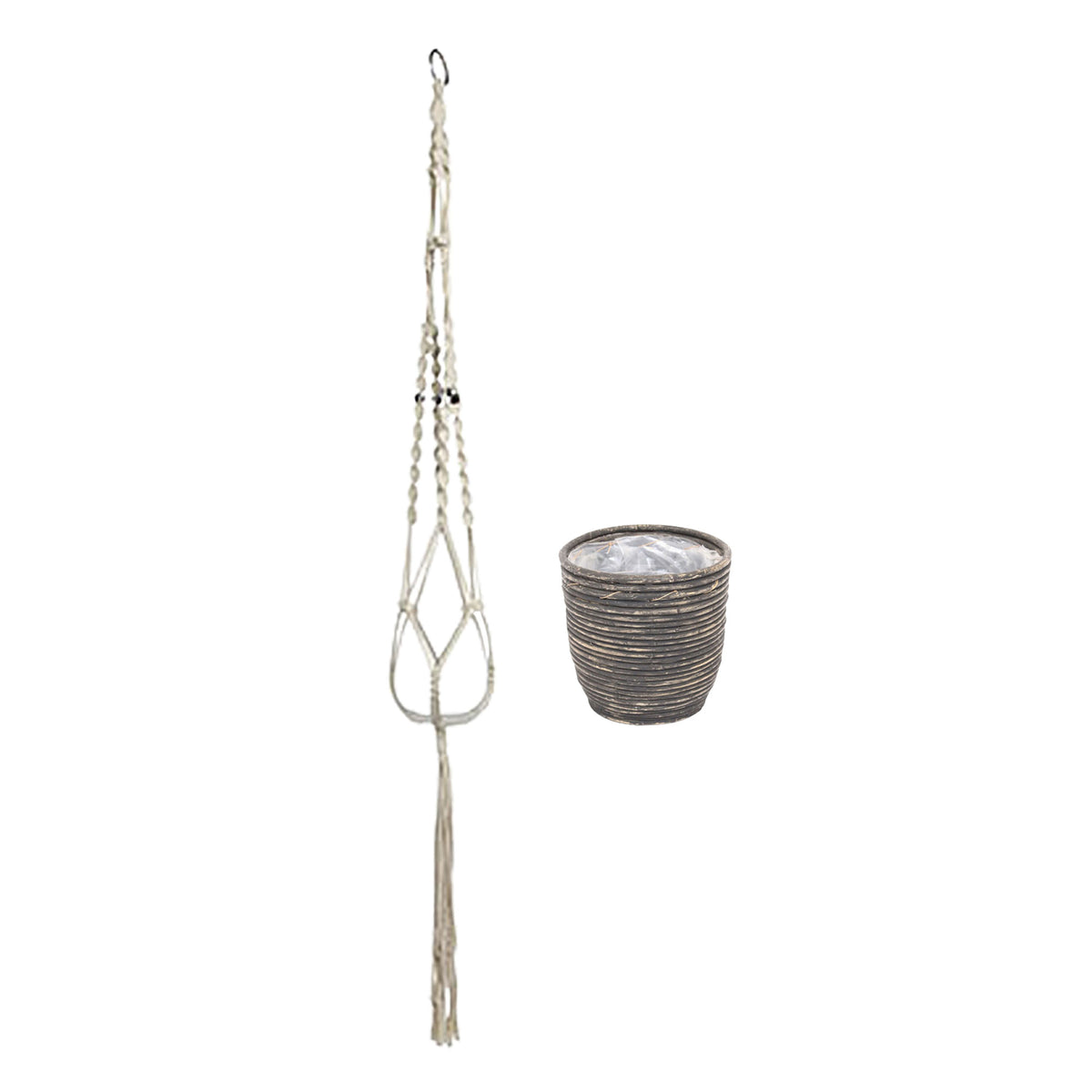 Rattan flower pot 'Ballon Stripe' black with plant hanger