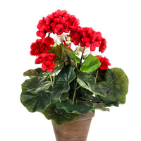 Artificial plant Geraniums red including round earthenware decorative pot